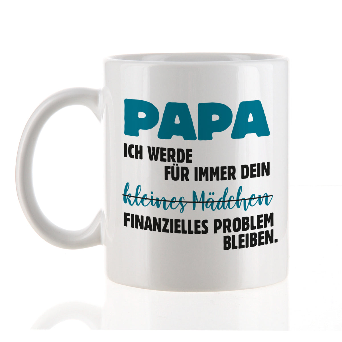 Freigestellte Produktansicht der weißen Papa Tasse mit gut lesbarem Spruch