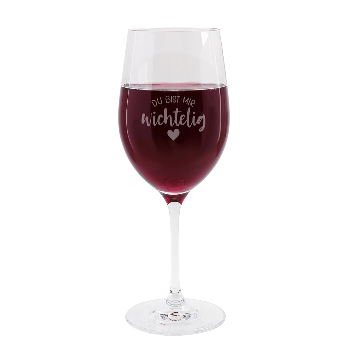 Freigestelltes Leonardo-Teqton-Weinglas mit Gravur „Du bist mir wichtelig“, gefüllt mit Rotwein.