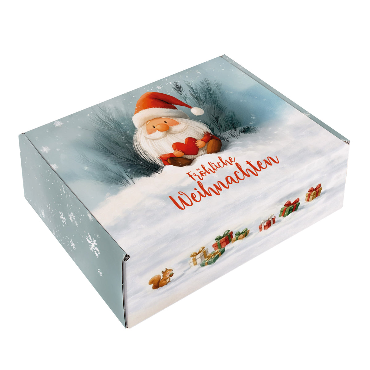 Geschenkbox Weihnachten mit Wichtelmotiv – geschlossene Box mit winterlichem Design und Geschenkpaketen