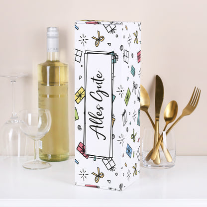 Flaschenverpackung „Alles Gute“ – geschlossene Pappbox mit buntem Geschenk-Motiv, zentralem „Alles Gute“-Schriftzug und stabiler Konstruktion. Ideal für Wein- und Sektflaschen.