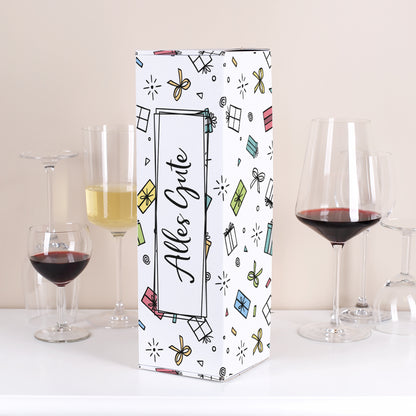 Offene Flaschenverpackung „Alles Gute“ aus stabiler Pappe, rundum bedruckt mit bunten Geschenk-Motiven. Perfekt für hochwertige Flaschenkombinationen wie Wein, Sekt oder Spirituosen.