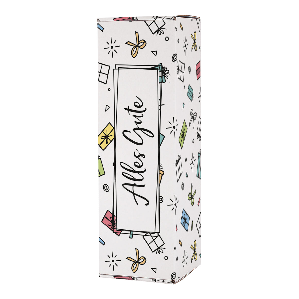 Frontansicht der Flaschenverpackung „Alles Gute“ – edle Geschenkbox mit fröhlichem Geschenk-Motiv und mittigem „Alles Gute“-Schriftzug. Ideal für verschiedene Anlässe.