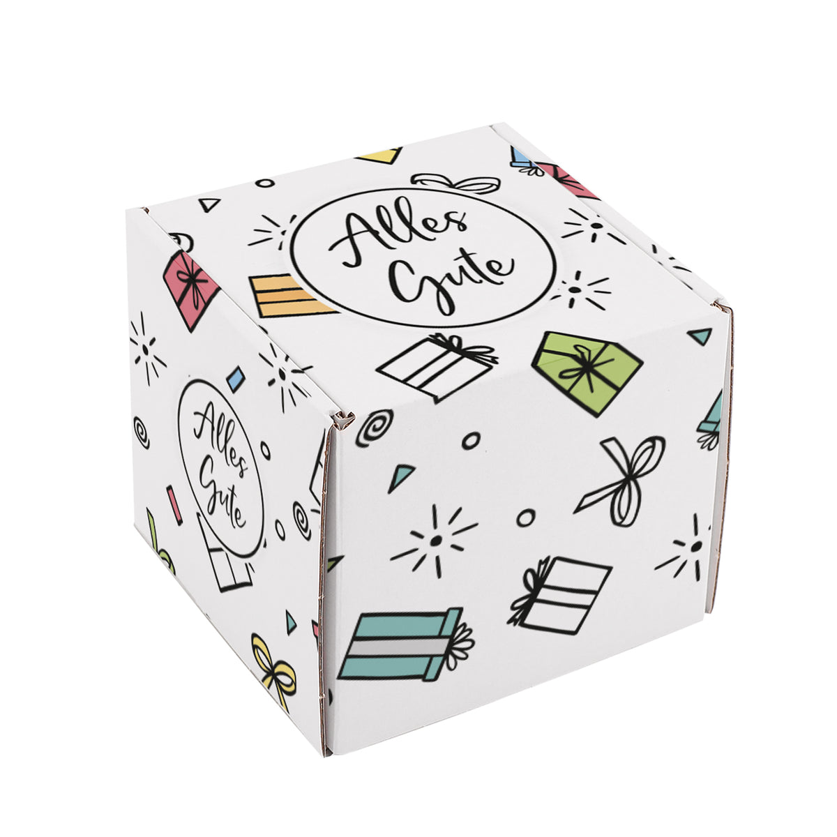 Quadratische Geschenkbox „Alles Gute“ auf weißem Hintergrund, farbenfroh bedruckt mit Geschenk-Symbolen und Schleifen.