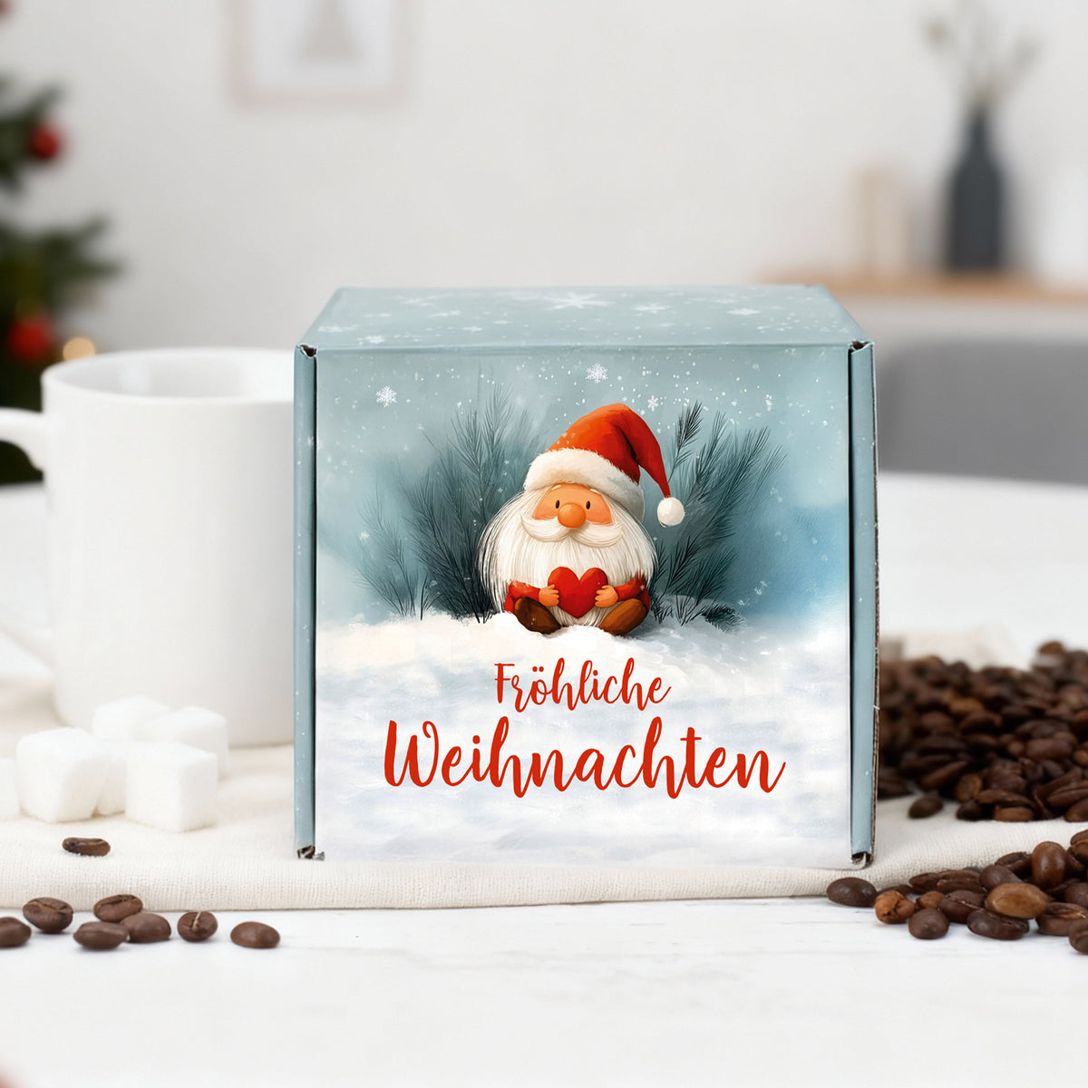 Geschenkbox Weihnachten mit Wichtelmotiv – Vorderansicht mit Schriftzug „Fröhliche Weihnachten“