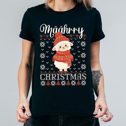 Damen T-Shirt mit Schaf Motiv, Schneeflocken und Tannenbäumen im Ugly Christmas Design