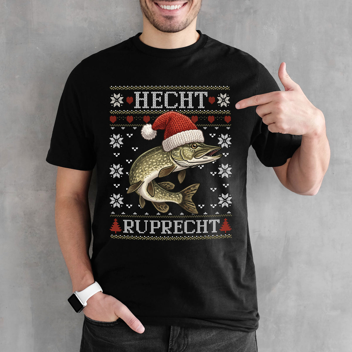 Herren T-Shirt in Schwarz mit Hecht, Weihnachtsmütze, Schneeflocken und Schriftzug Hecht Ruprecht