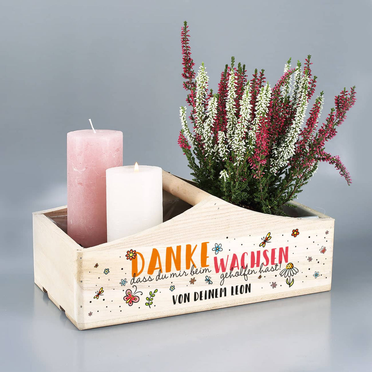 Holzkorb mit eigenem Text als Dankeschön-Geschenk "Danke, dass du mir beim Wachsen geholfen hast"