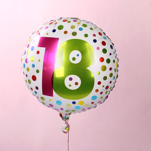 Folienluftballon zum 18. Geburtstag in weiß mit bunten Punkten