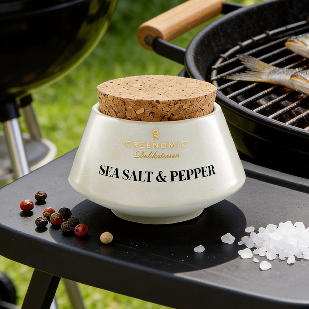 Greenomic Sea Salt & Pepper im Keramiktopf mit Korkdeckel neben Grill im Garten