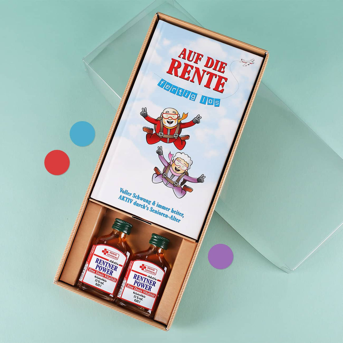 Geschenkset zur Rente mit Buch und kleinen Kräuter Likören