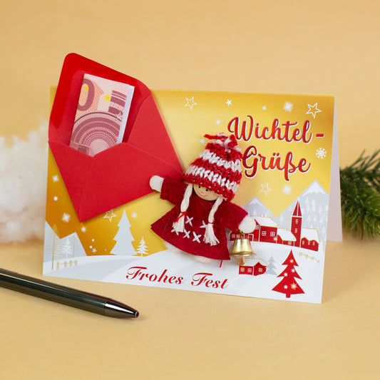 Wichtelkarte in Gold als Geldgeschenk | Weihnachtskarte