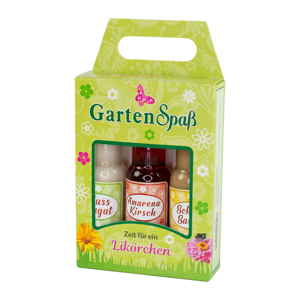 Likör Geschenkbox „Gartenspaß“ mit drei Fläschchen in der Verpackung auf weißem Hintergrund
