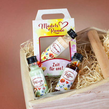 Mini Likör Geschenkset für Freundinnen mit Maracuja, Pistazie und Kaffee Likör in Holzkiste