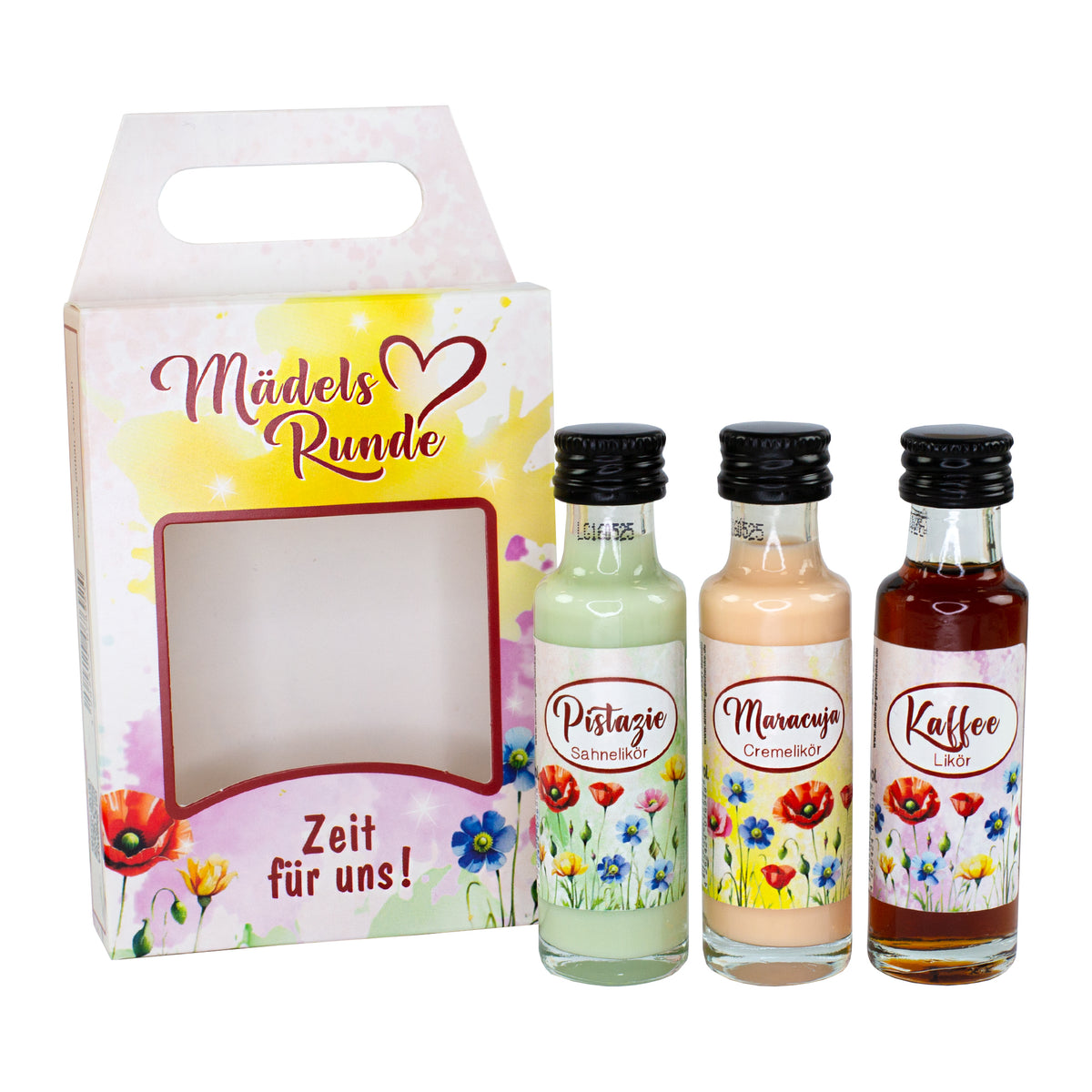 Likör Geschenkset „Mädelsrunde“ mit drei Mini-Flaschen vor Geschenkverpackung und Blumenmotiv freigestellt auf weißem Hintergrund