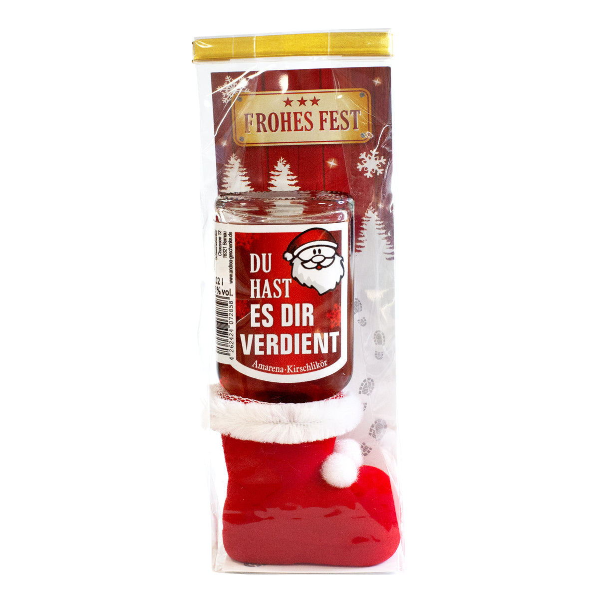 Geschenkset mit rotem Stiefel und Likörflasche „Du hast es dir verdient“ in transparenter Verpackung