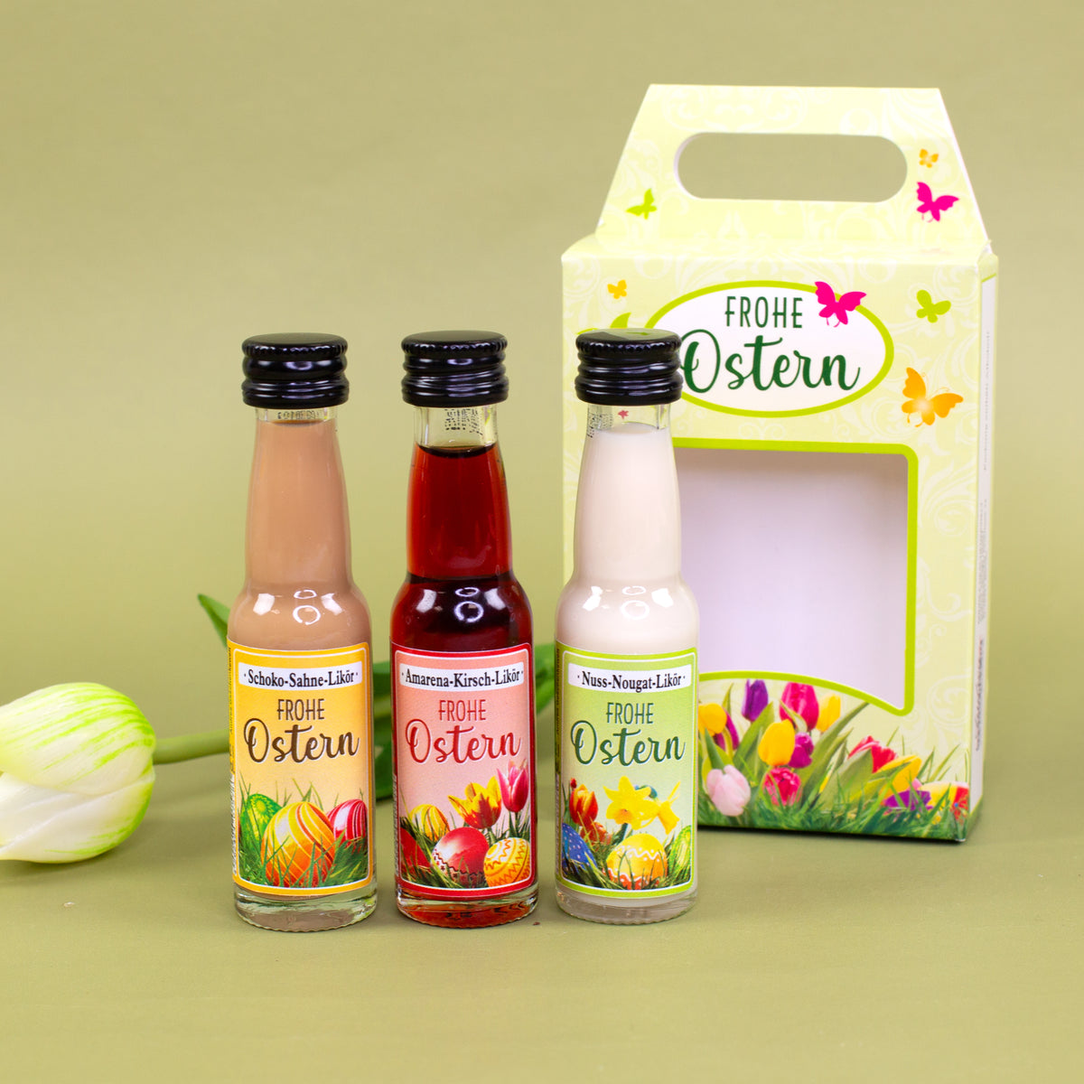 3er Likörbox zu Ostern mit Nuss-Nougat, Amarena-Kirsch und Schoko-Sahne Likör