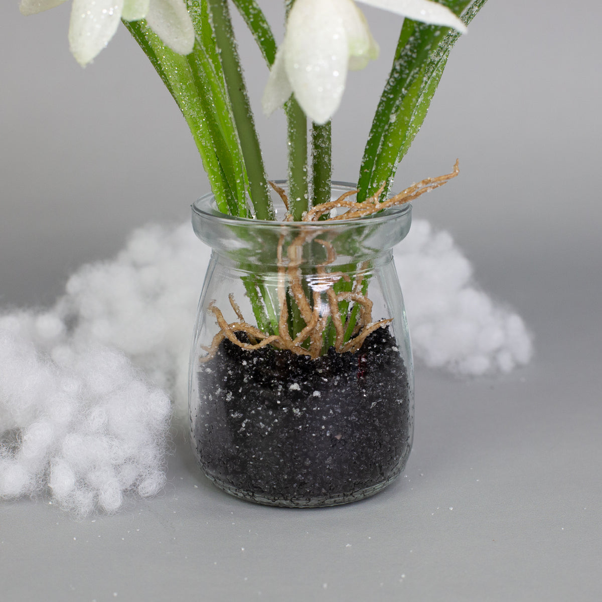 Glasgefäß mit Schneeglöckchen, Erde und Wurzeleffekt als natürliche Dekoration