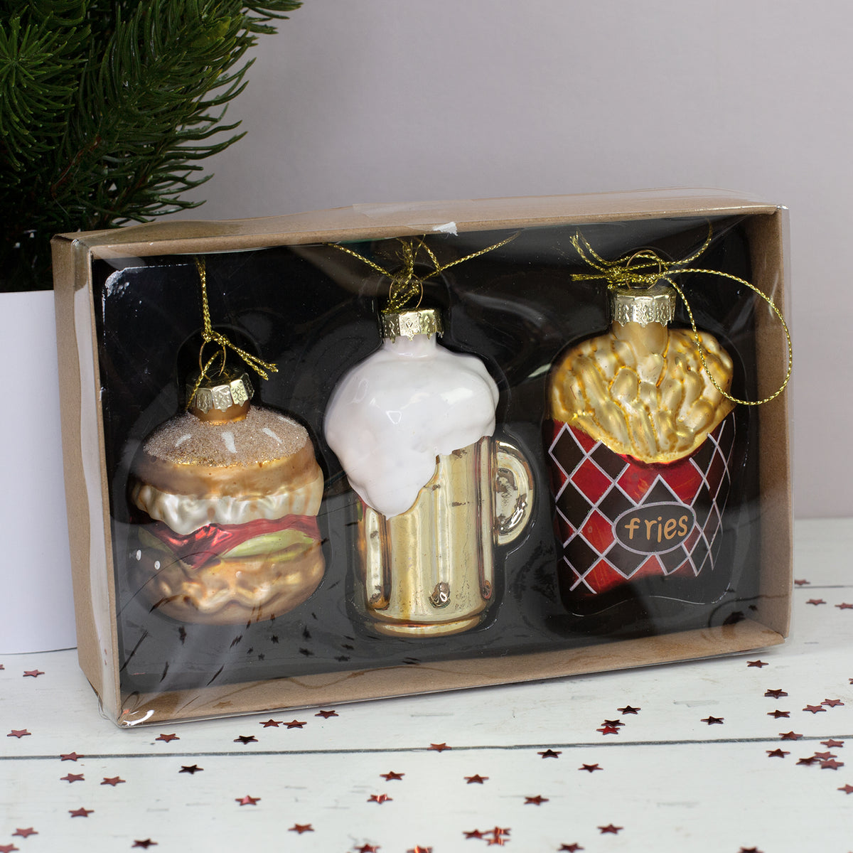 Glas-Baumschmuck Fast Food 3er Set mit Burger, Bier und Pommes in Geschenkverpackung