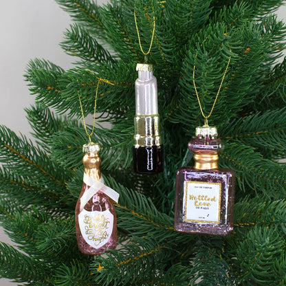 Glas Baumschmuck Fancy im 3er Set mit Parfüm, Lippenstift und Sektflasche am Weihnachtsbaum