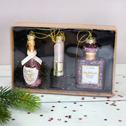 Glas Baumschmuck Fancy 3er Set mit Parfüm, Lippenstift und Sektflasche in Geschenkverpackung