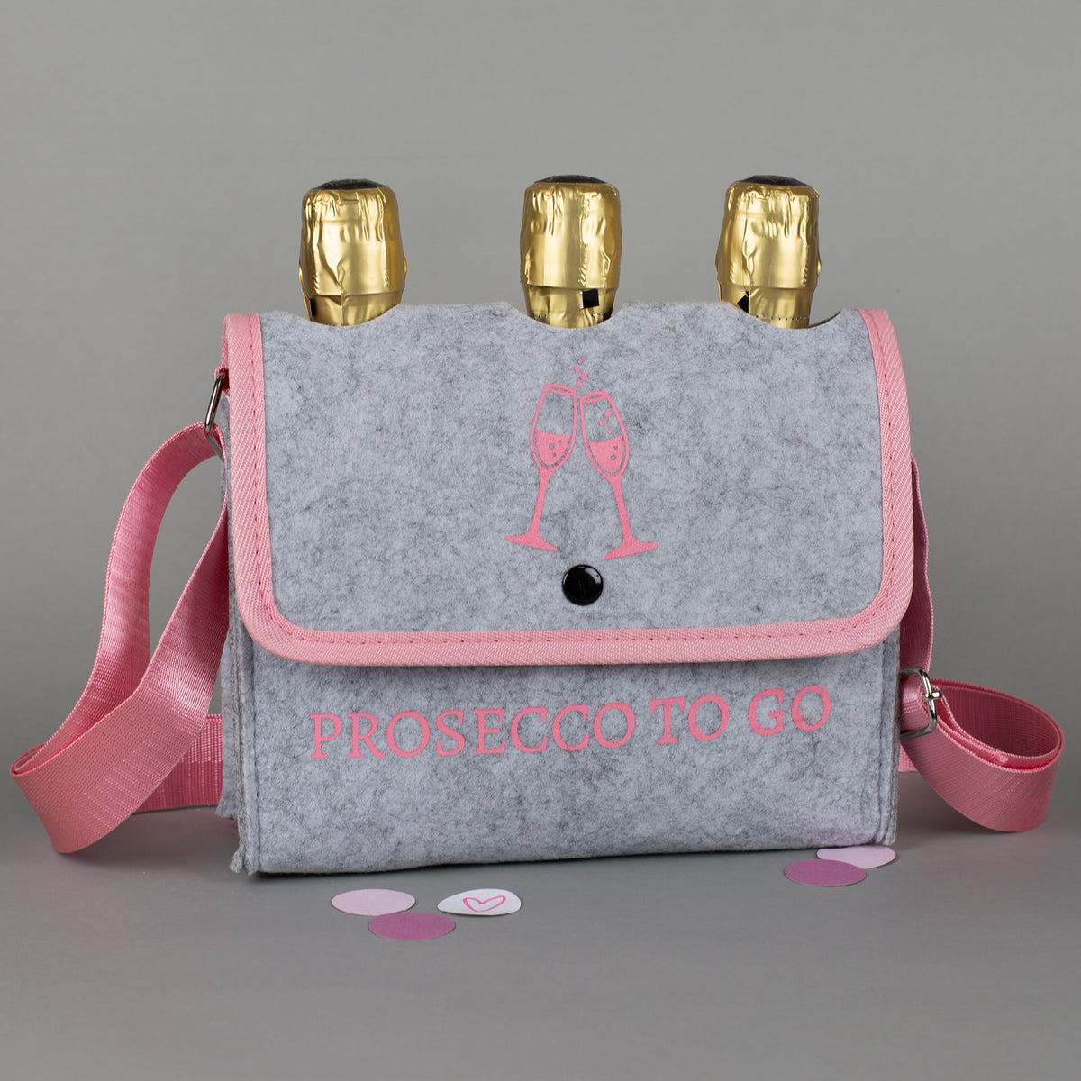 Prosecco to go Tasche frontal mit sichtbaren Flaschenhälse