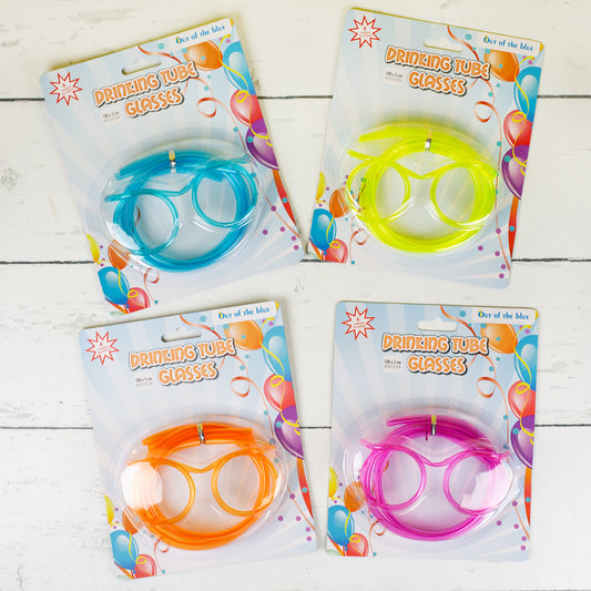 Trinkschlauch-Brille als Partyartikel – alle vier Farben Orange, Gelb, Blau und Pink im Überblick