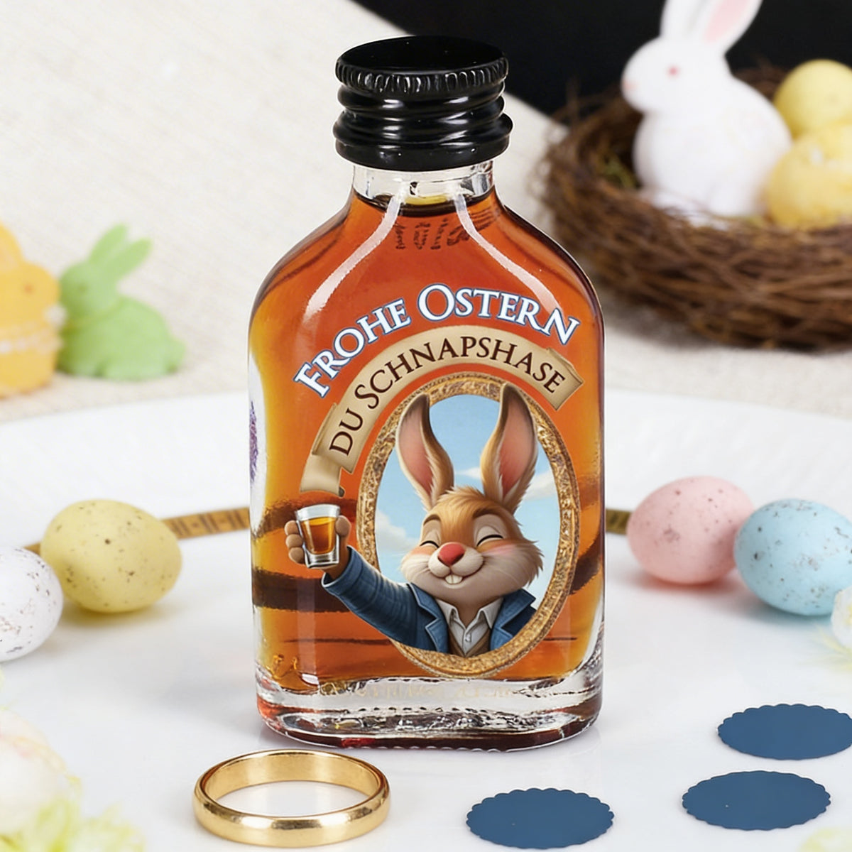 Mini Likörflasche mit Kräuterlikör und Osterhasenmotiv „Frohe Ostern Du Schnapshase“ auf weißem Teller dekoriert