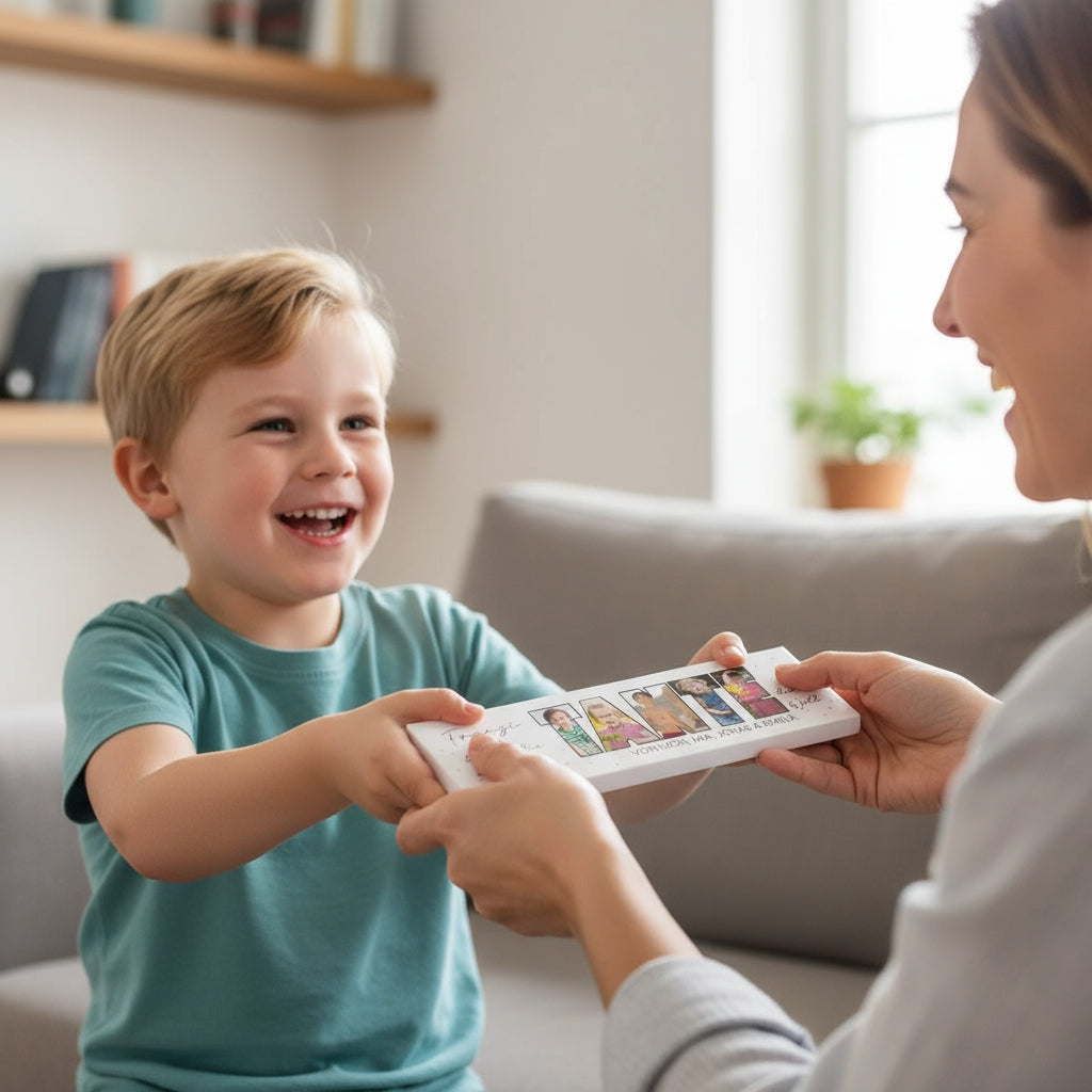 Junge übergibt die Schokoladentafel mit individueller Fotoverpackung an seine Tante