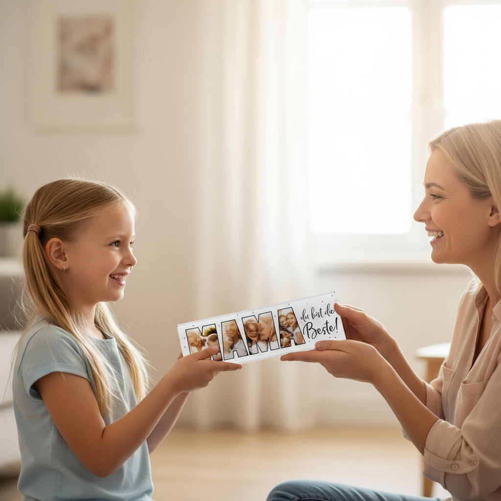 Mädchen überreicht ihrer Mutter die XXL Schokolade „Mama du bist die Beste“ mit Fotos