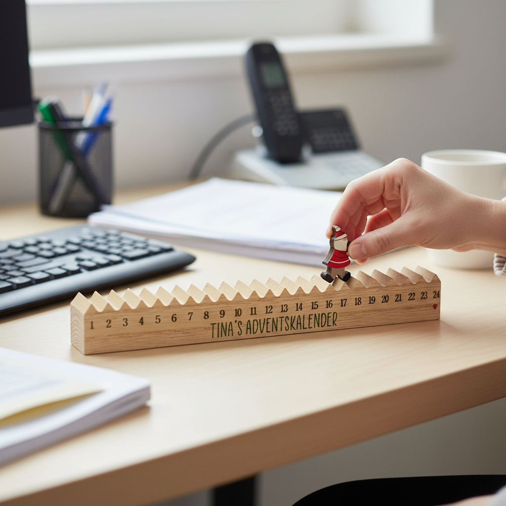 Hand bewegt Weihnachtsmann-Figur auf personalisiertem Adventskalender aus Holz, PC im Hintergrund