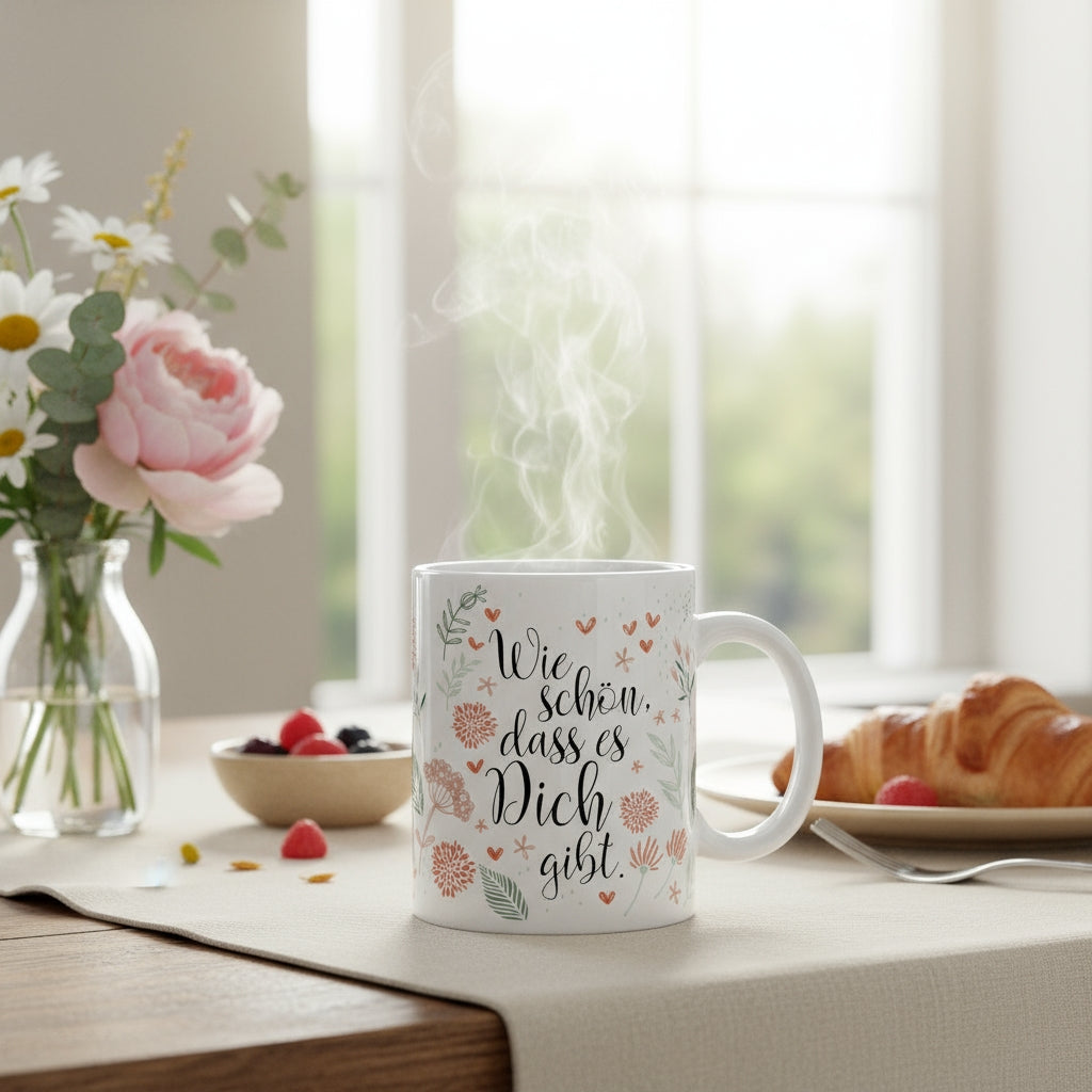 Dampfende Keramiktasse mit Spruch „Wie schön, dass es Dich gibt“ und Blumenmuster auf hell gedecktem Frühstückstisch.