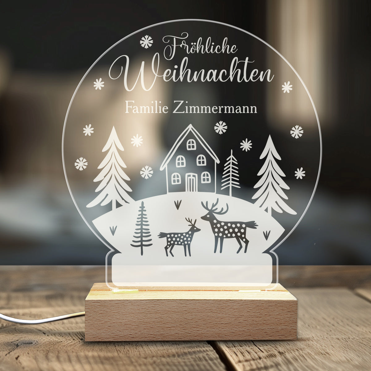 Personalisierbares LED-Licht in Schneekugelform mit Weihnachtsmotiv und Schriftzug Fröhliche Weihnachten