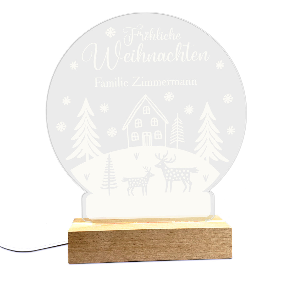 Personalisierbares LED-Licht Schneekugel Motiv auf weißem Hintergrund