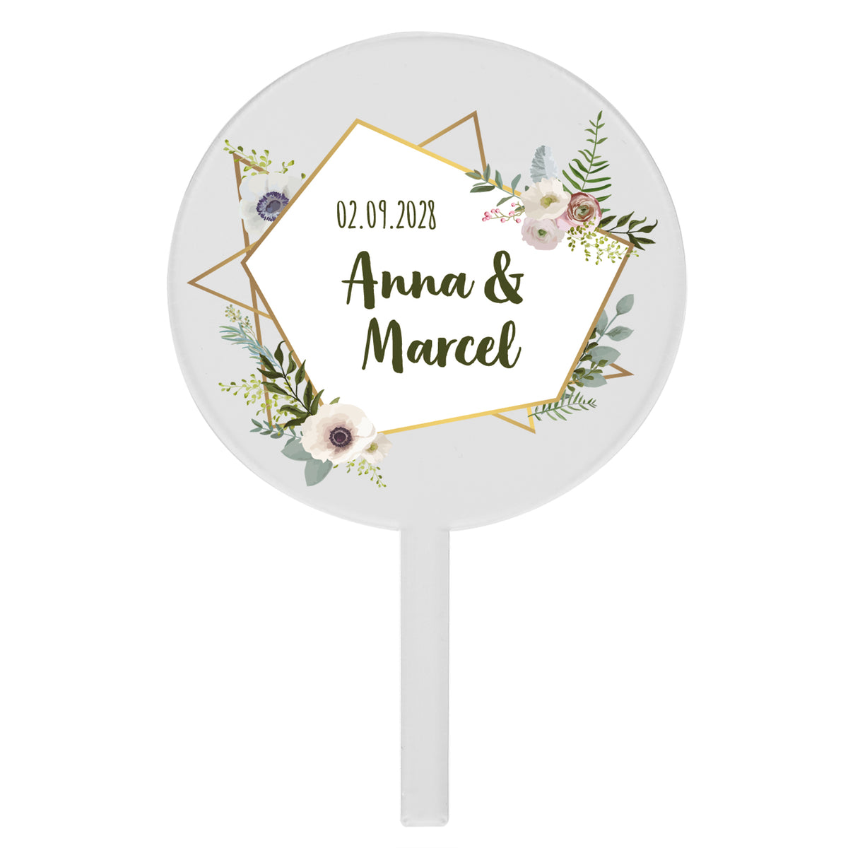 Runder Acryl Tortentopper Hochzeit mit Namen und Datum, florales Design mit Goldrahmen freigestellt