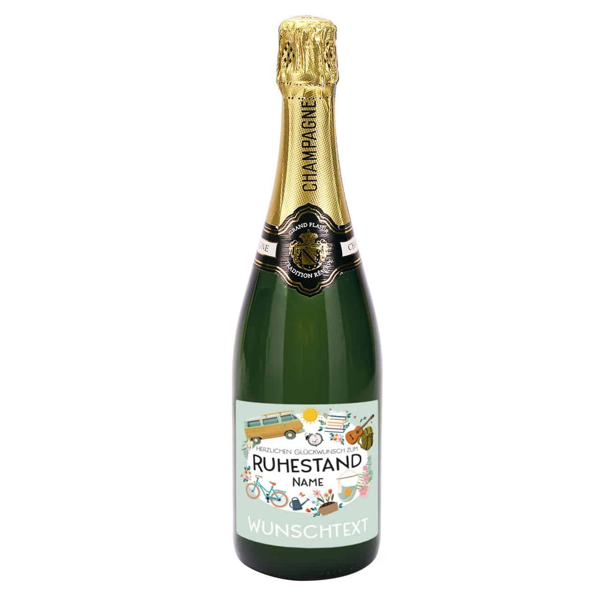 Grand Plaisir Champagner zum Ruhestand mit buntem Etikett mit Name und Wunschtext