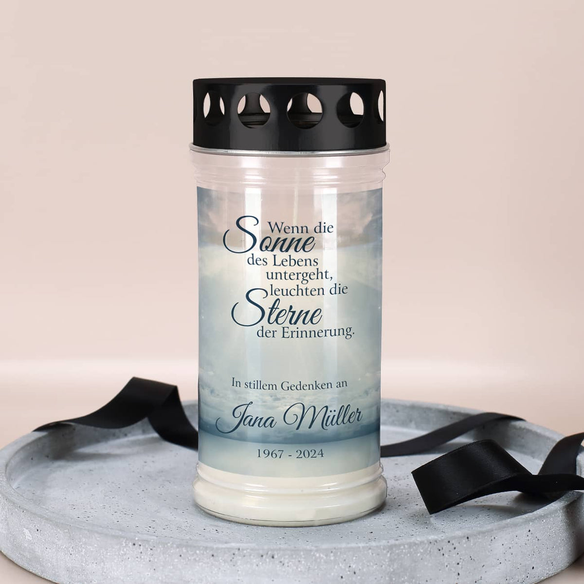 Bedrucktes Grablicht mit Druck von Himmel, Spruch und personalisiert mit Name und Datum