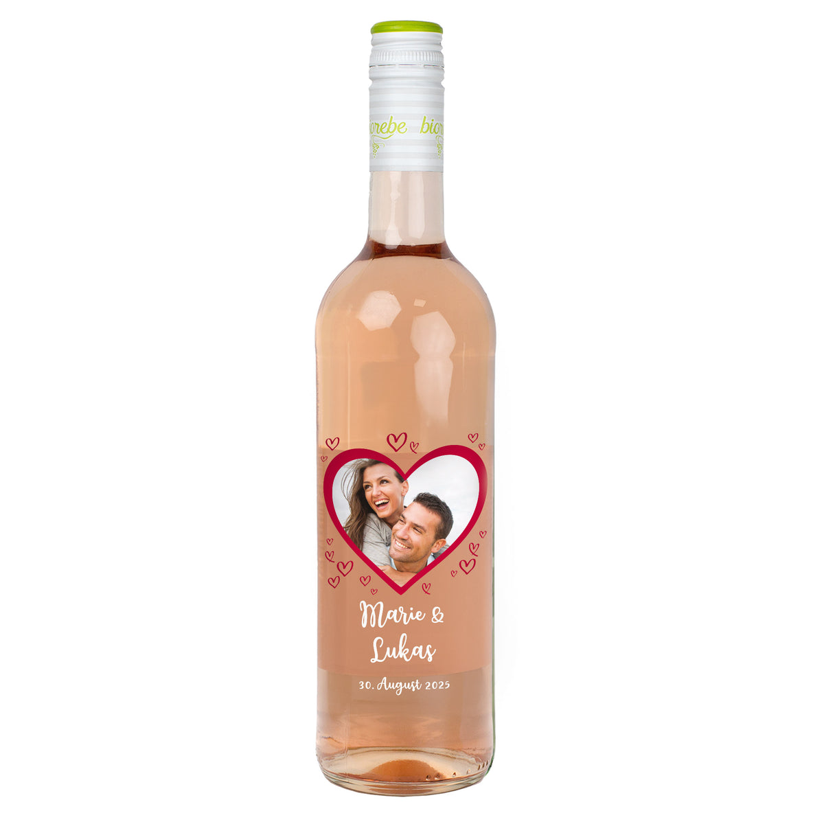Personalisierte Roséweinflasche mit Herzmotiv und Foto von Paar, Name Marie & Lukas