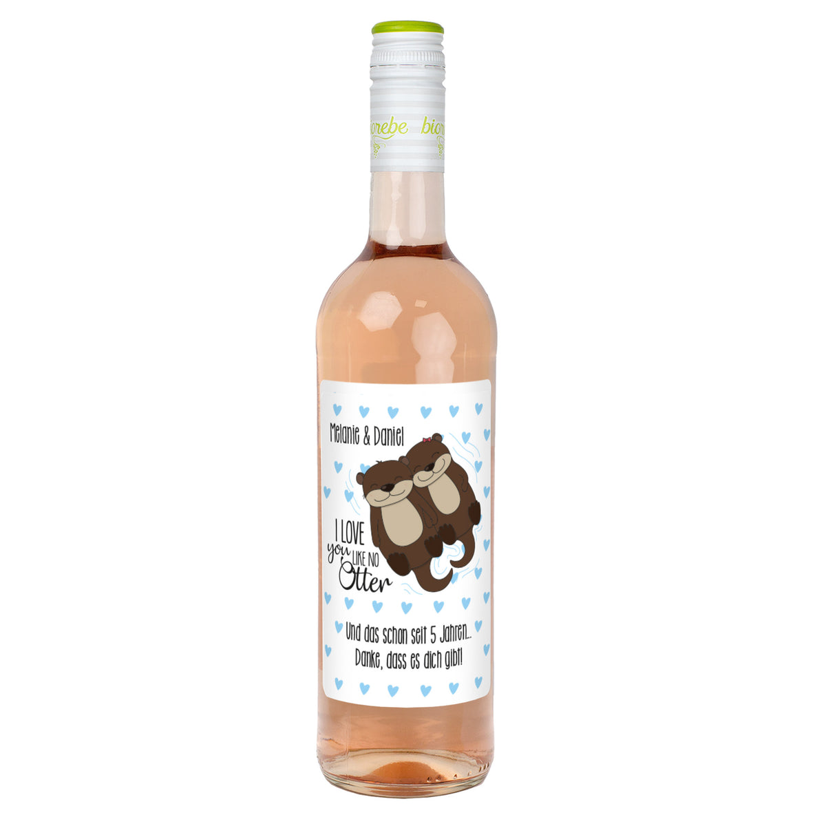 Roséweinflasche mit Otter-Paar auf dem Etikett, Herzchen-Hintergrund, Liebeswein, personalisiert