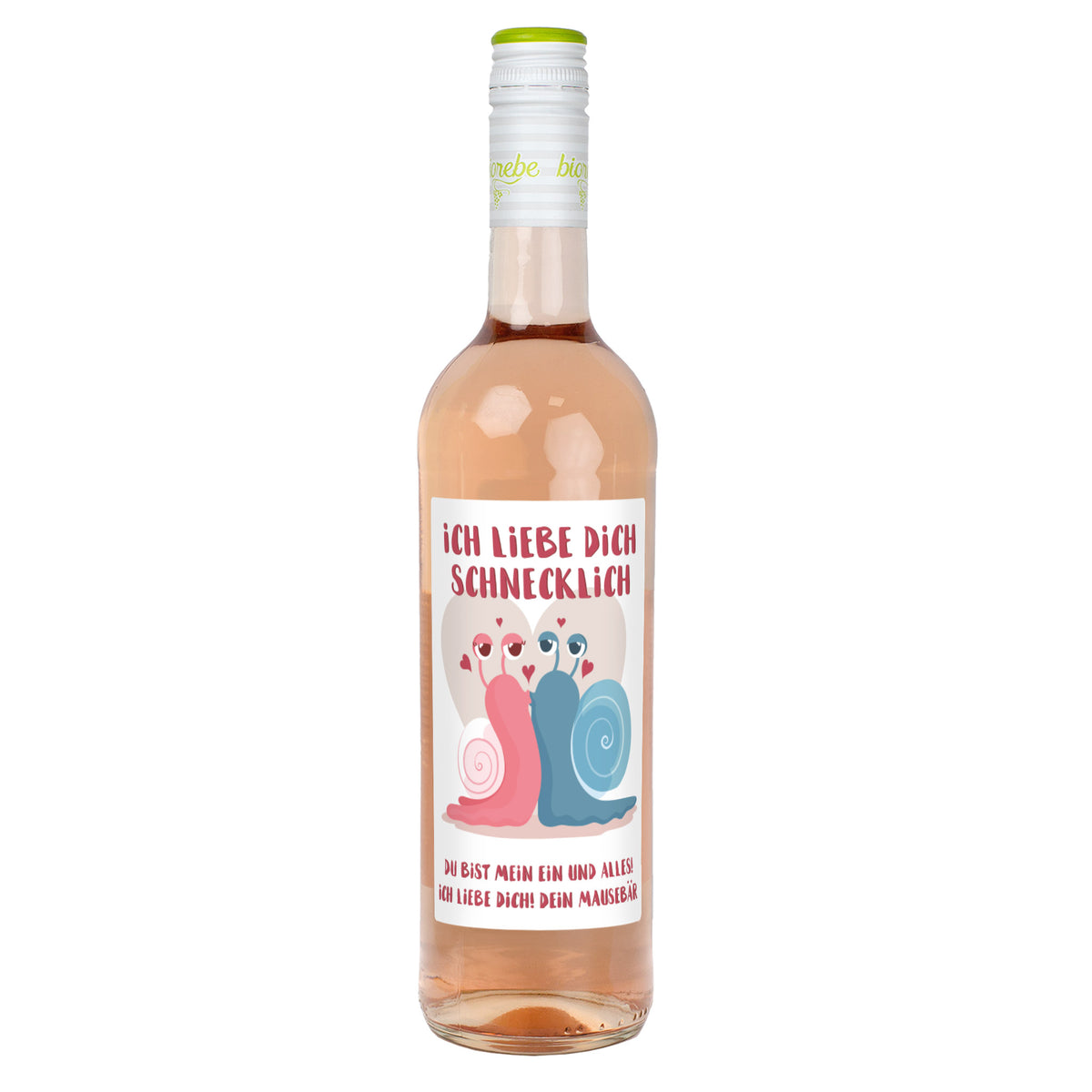Roséweinflasche mit Etikett „Ich liebe dich schnecklich“, verliebte Schnecken im Herz-Design