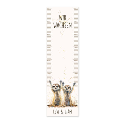 Wandtattoo Messlatte Erdmännchen-Zwillinge mit Namensaufdruck