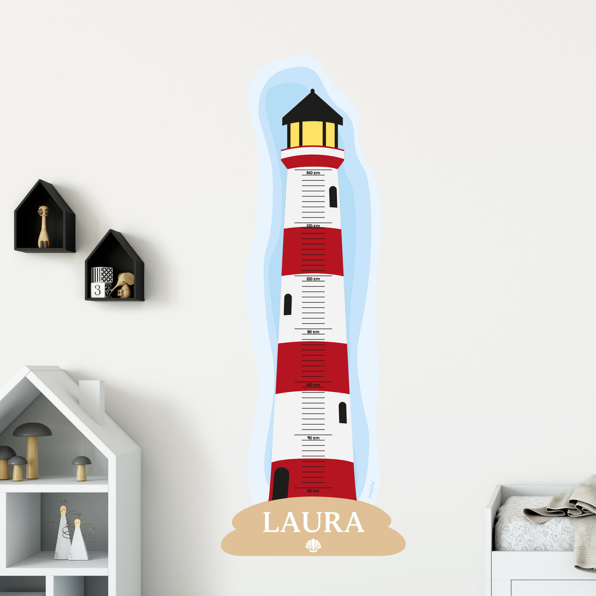 Wandtattoo Messlatte Leuchtturm mit Namensaufdruck für Kinderzimmer