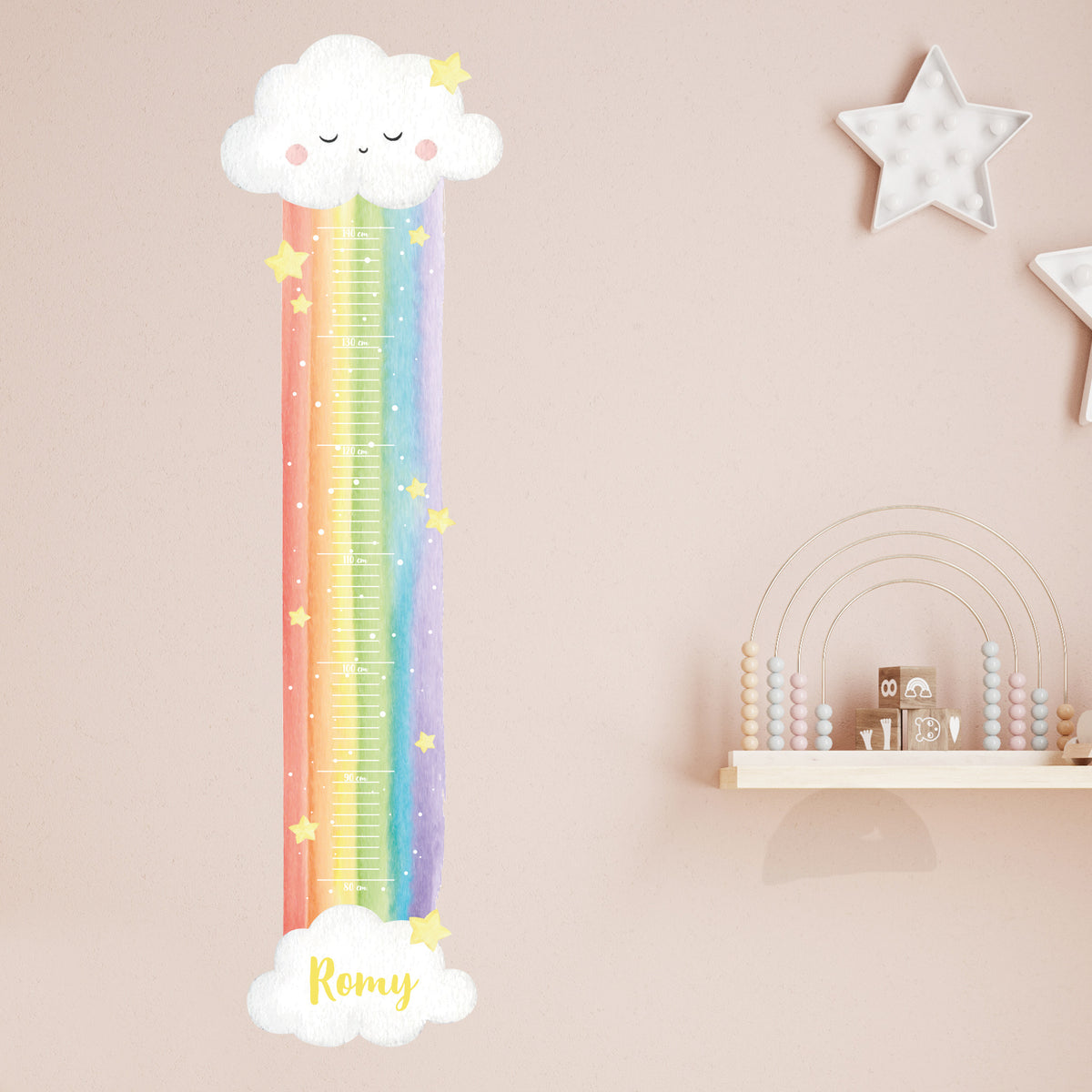 Wandtattoo Messlatte Regenbogen mit Namensaufdruck für Kinderzimmer