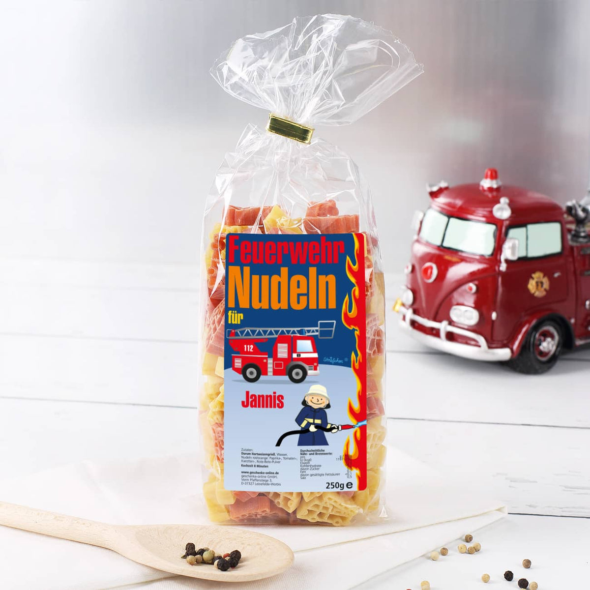Feuerwehrauto Nudeln für Kinder mit Wunschname