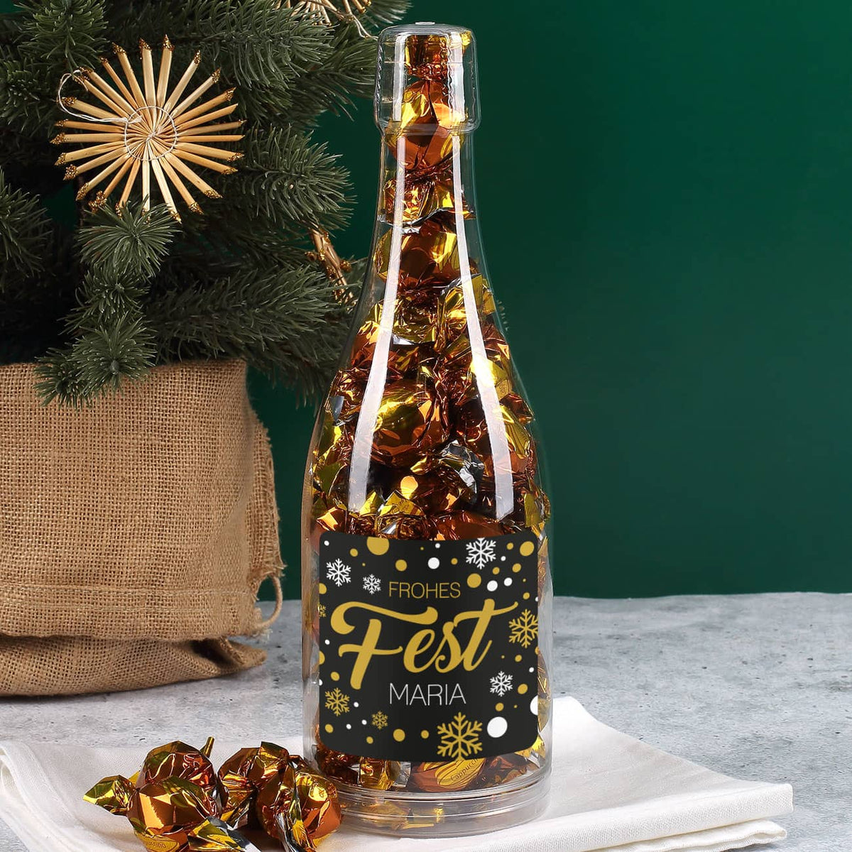 Pralinenflasche mit Aufkleber - Frohes Fest