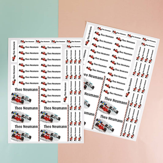 Aufkleber-Set mit Rennwagen und Wunschnamen