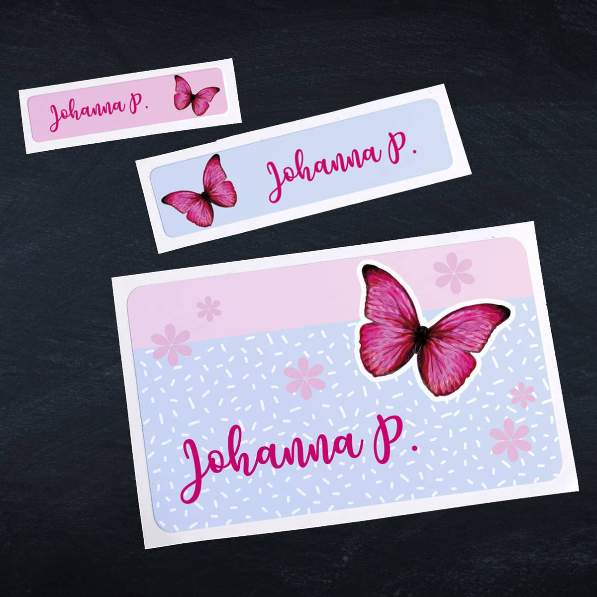 Schulaufkleber mit Schmetterling und Name (100 Stück)