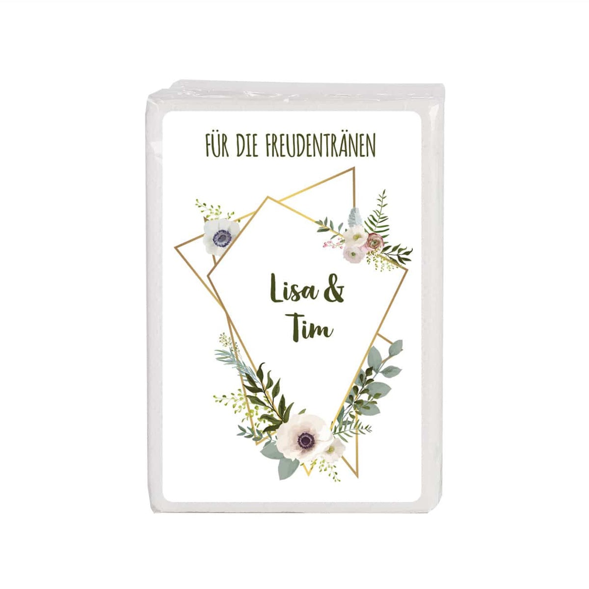 Freudentränen-Taschentücher zur Hochzeit mit Blüten in Aquarell-Optik und Namen