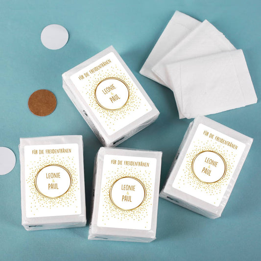 Freudentränen-Taschentücher zur Hochzeit mit Punkten in Goldoptik und Namen 10er Set