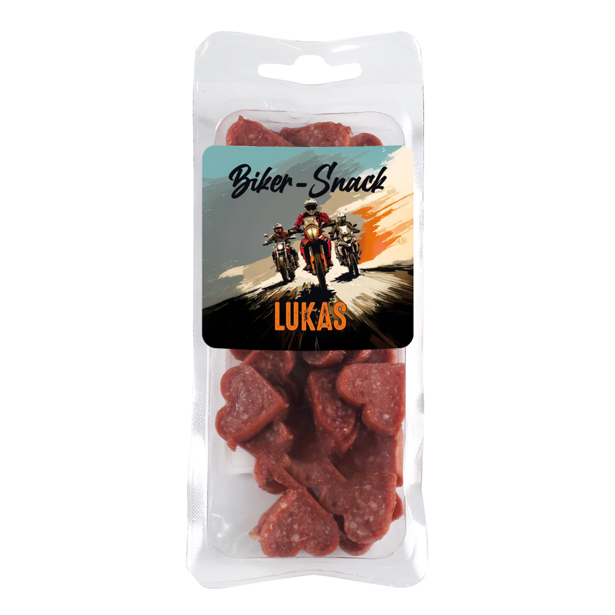 Salamiherzen mit Biker-Motiv und Name Lukas – origineller Snack für Motorradfahrer