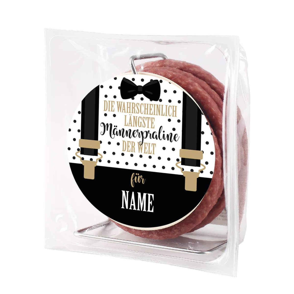 3,5 Meter Salami Wurstkabeltrommel mit lustigem Spruch und Hosenträgermotiv